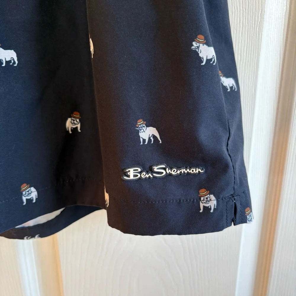 BEN SHERMAN Bulldog-Print Swim Shorts Stretch Drawstring Pocket Resort XL 7”‎